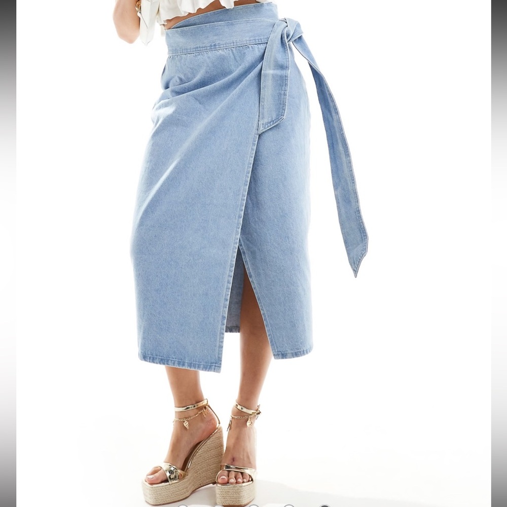 Never Fully Dressed Light Blue Denim Wrap Midi Skirt with Tie